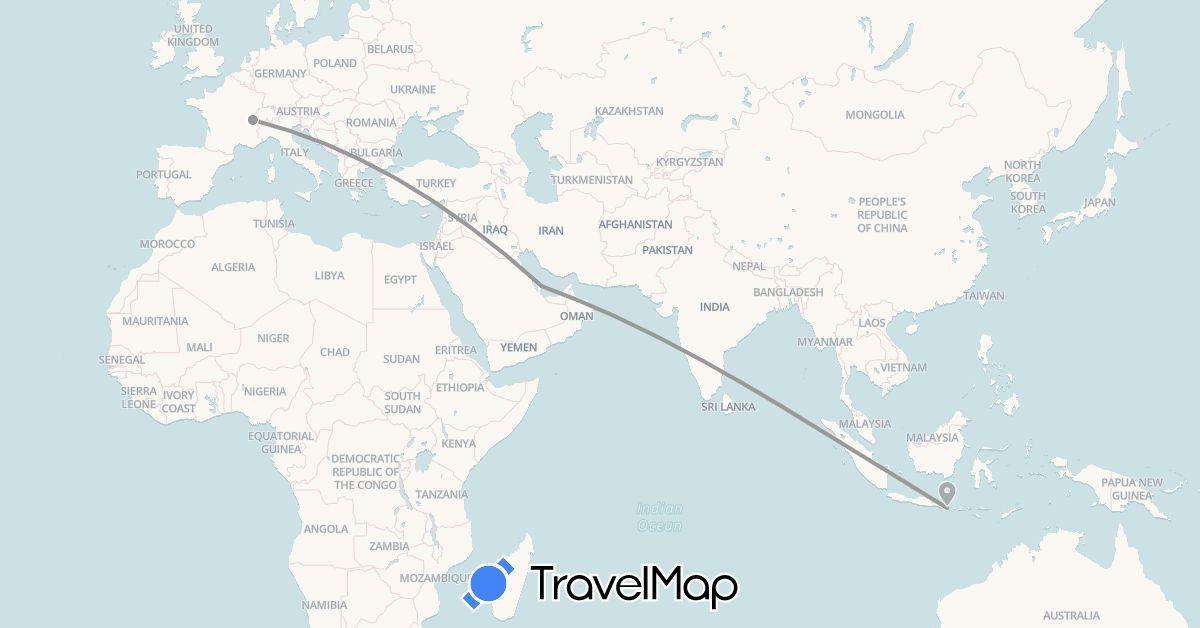 TravelMap itinerary: driving, plane in Switzerland, Indonesia, Qatar (Asia, Europe)