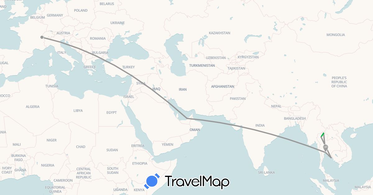 TravelMap itinerary: driving, bus, plane in United Arab Emirates, Switzerland, Thailand (Asia, Europe)