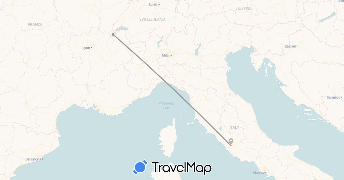 TravelMap itinerary: driving, plane in Switzerland, Italy (Europe)